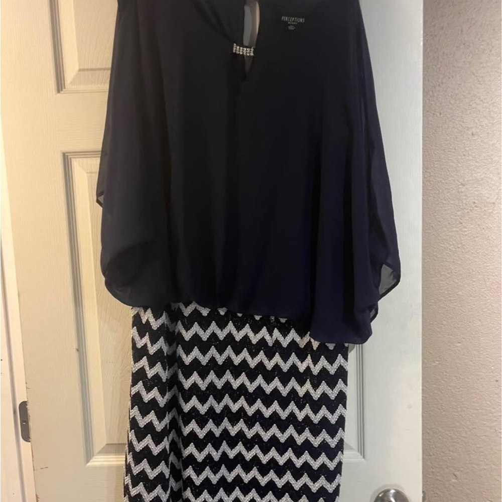 Black and White Chevron Dress with Navy Top